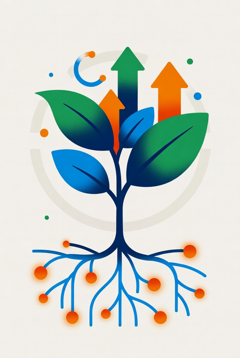 Origin Growth — Purpose-driven growth: A thriving seedling with data-informed roots and upward arrows symbolizing clarity, creativity, and care